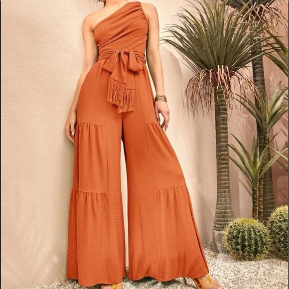 Pants - Boho One Shoulder Belted Wide Leg Pants Jumpsuit